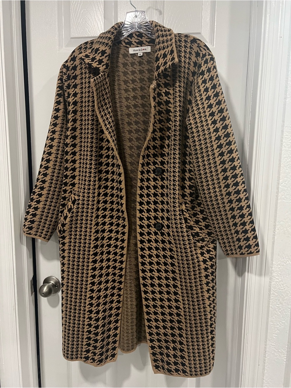 Tailored Houndstooth Long Pea Coat in Camel/Black - Picture 2 of 6